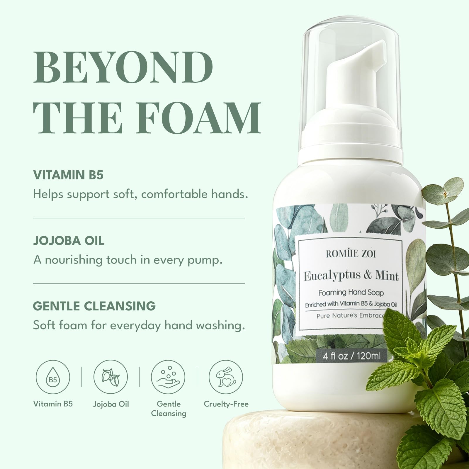 ROMIIE ZOI Foaming Hand Soap, Eucalyptus & Mint Scent, 4 fl oz Travel Size
