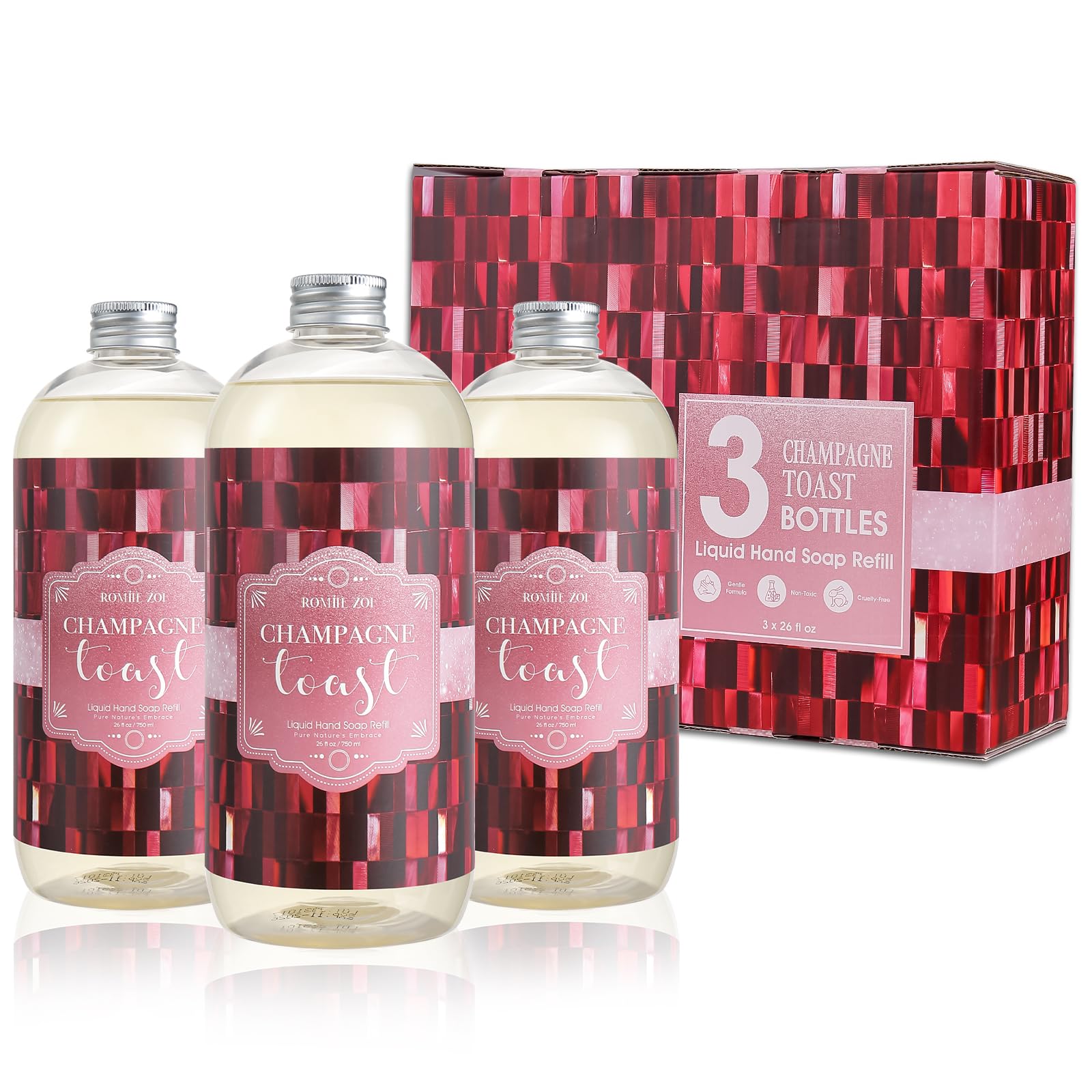 ROMIIE ZOI Liquid Hand Soap Refills Gift Set ?Champagne ?3 x 26Fl Oz Bottles ?Plant-Based, Non-Toxic, Gentle & Moisturizing Formula with Essential Oils ?for Bathroom, Kitchen & Holiday Gifting