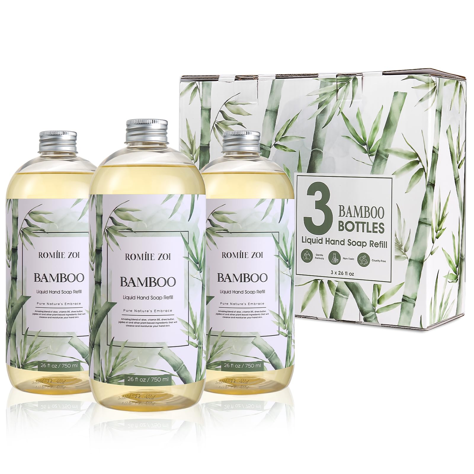 ROMIIE ZOI Liquid Hand Soap Refills Set ?Bamboo Scent ?750ML x 3 Bottles Refill ?Gentle Formula with Essential Oils ?Biodegradable & Cruelty-Free for Sensitive Skin, Kitchen & Bathroom