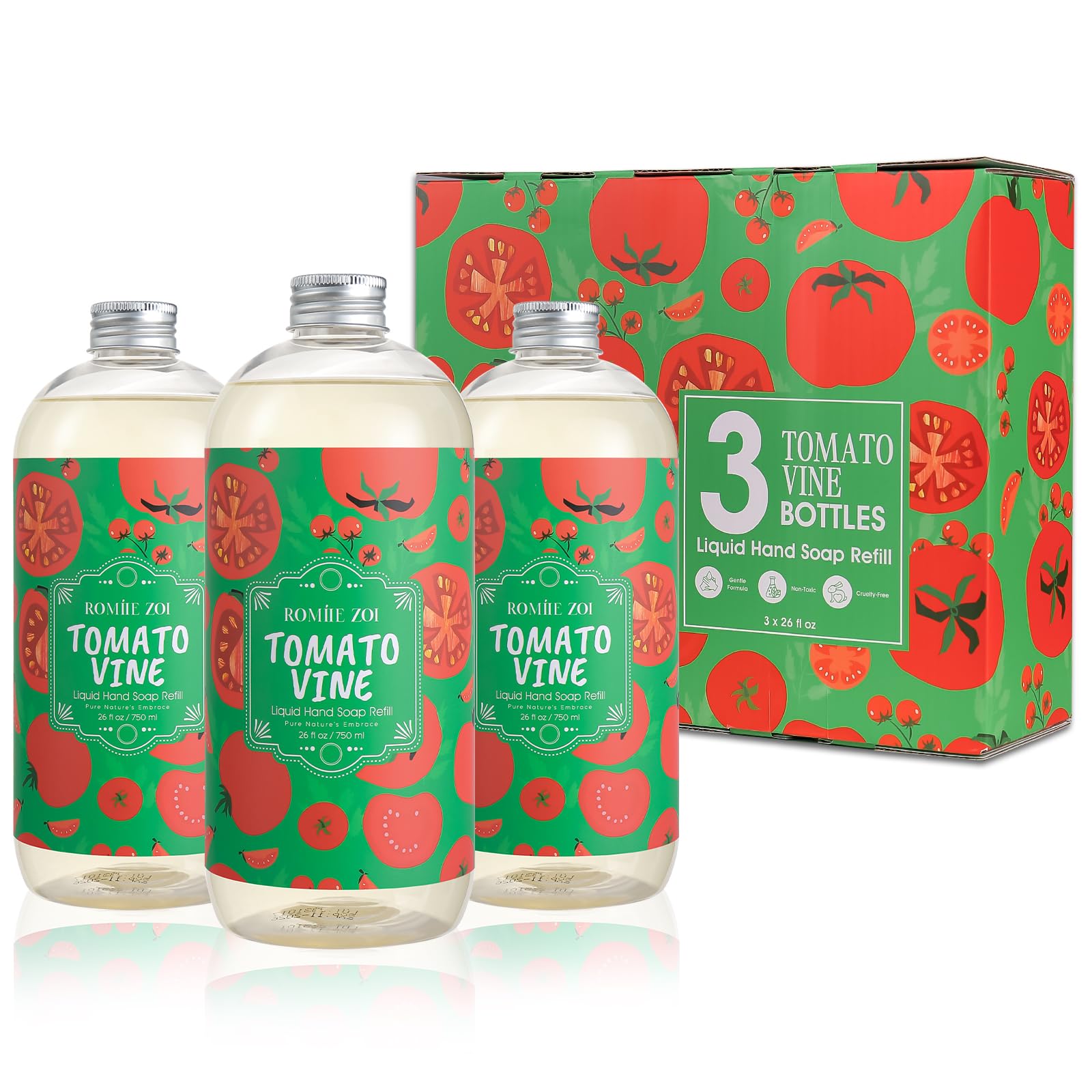 ROMIIE ZOI LIquid Hand Soap Refills Gift Set ?Tomato Vine Scent ?3 x 26 Fl Oz Bottles ?Plant-Based, Cruelty-Free, Gentle & Moisturizing Formula with Essential Oils ?for Bathroom & Kitchen Use