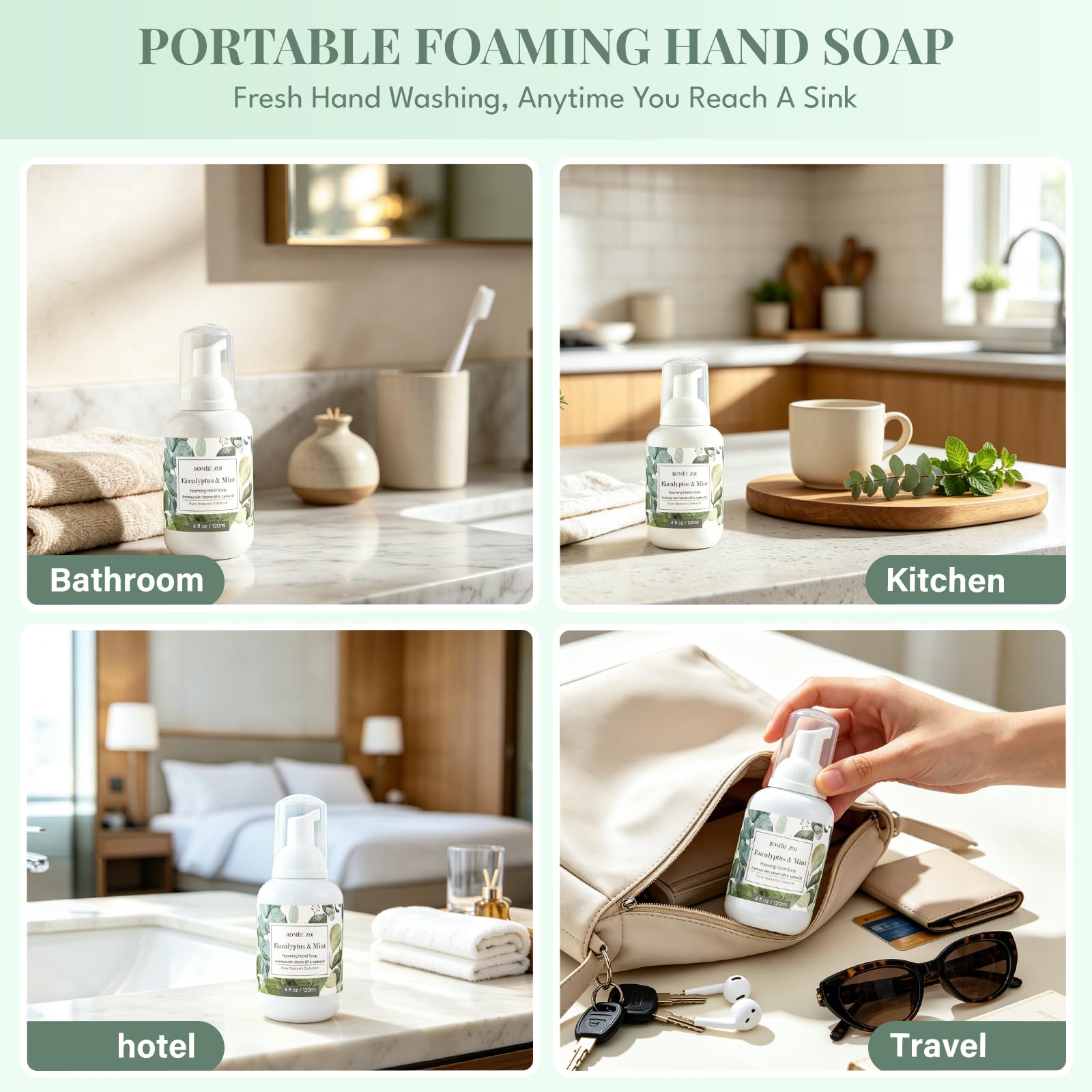 ROMIIE ZOI Foaming Hand Soap, Eucalyptus & Mint Scent, 4 fl oz Travel Size