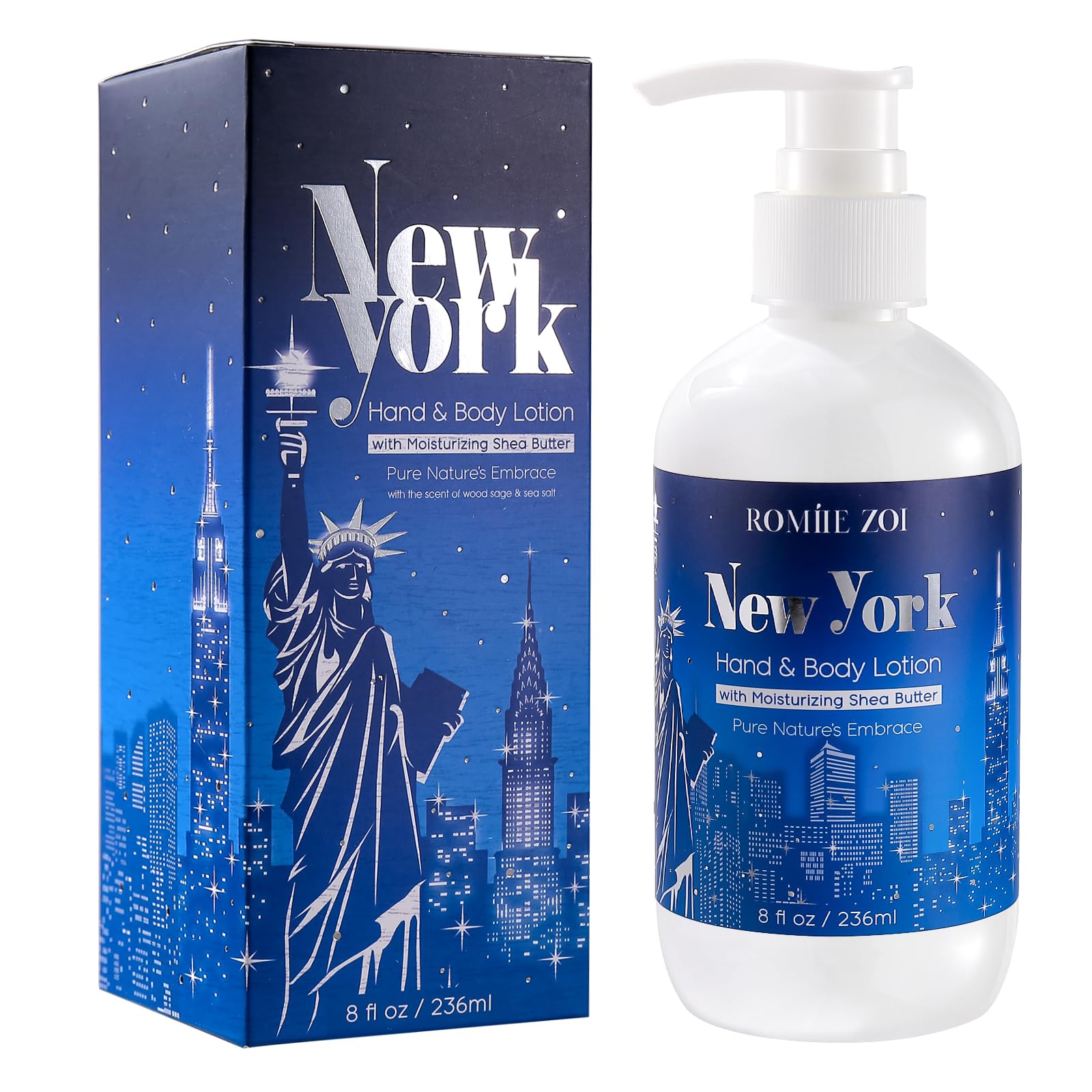 ROMIIE ZOI Daily Hand & Body Lotion with Moisturizing Shea Butter - New York with the Scent of Wood Sage & Sea Salt - 236 ML / 8 FL OZ