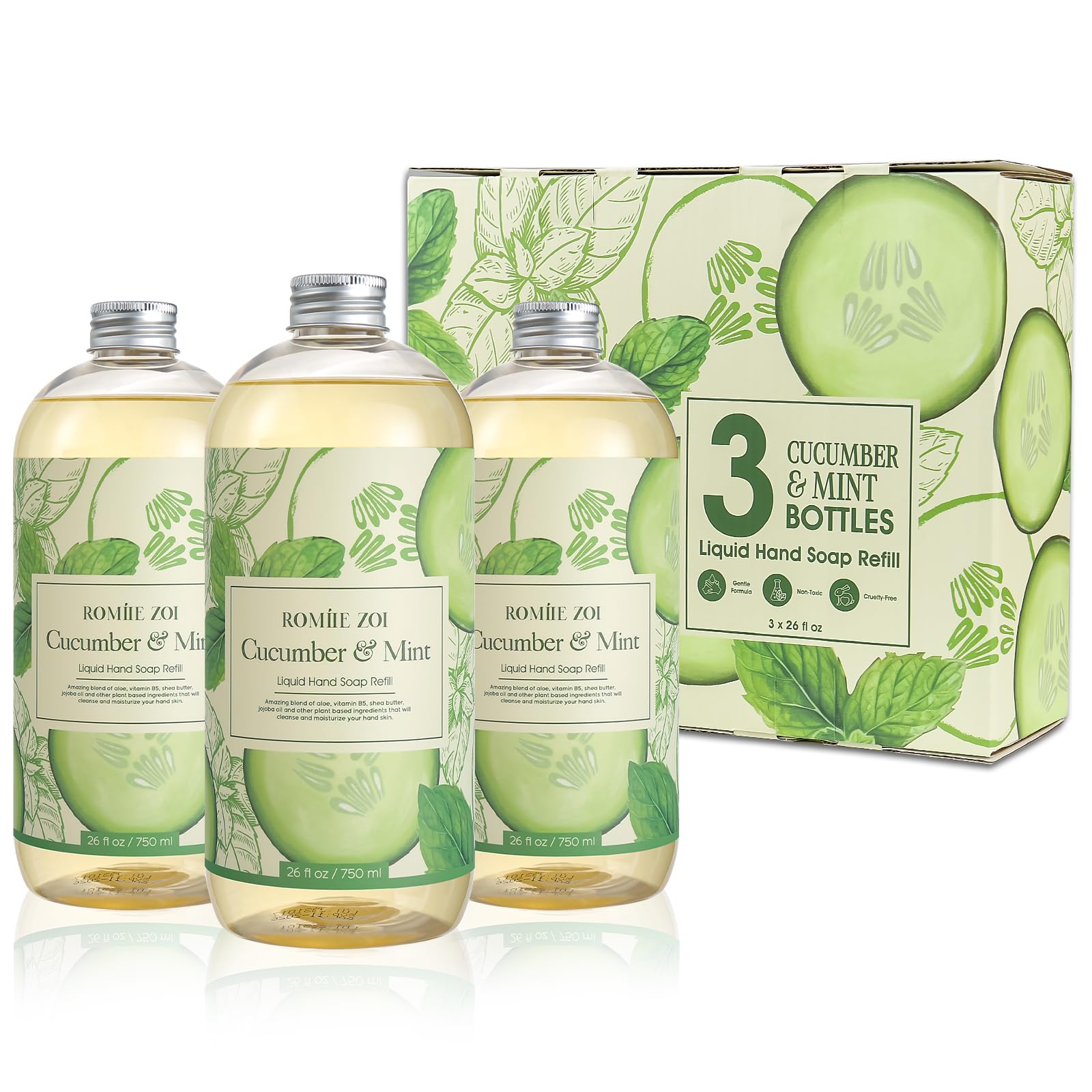 ROMIIE ZOI Liquid Hand Soap Refills Gift Set ?Cucumber & Mint Scent ?3 Pack (26 Fl Oz Each) ?Cruetly Free, Biodegradable, Moisturizing & Gentle Refill For Kitchen, Bathroom & Sensitive Skin