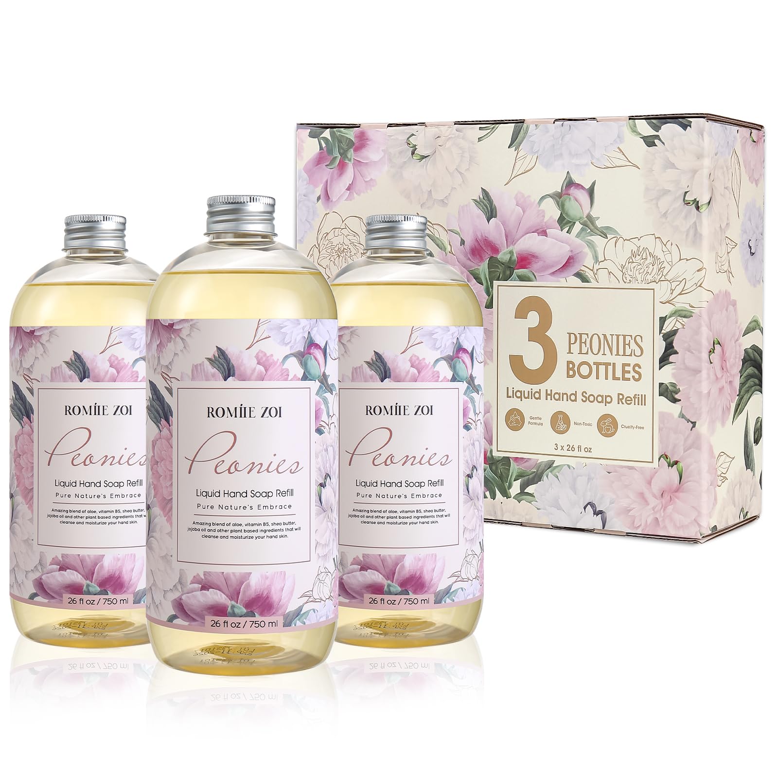 ROMIIE ZOI Liquid Hand Soap Refills Gift Set ?Peony Scent ?3 x 26 Fl Oz Bottles ?Plant-Based, Non-Toxic, Gentle & Moisturizing Formula with Essential Oils ?for Bathroom, Kitchen & Home Gifting