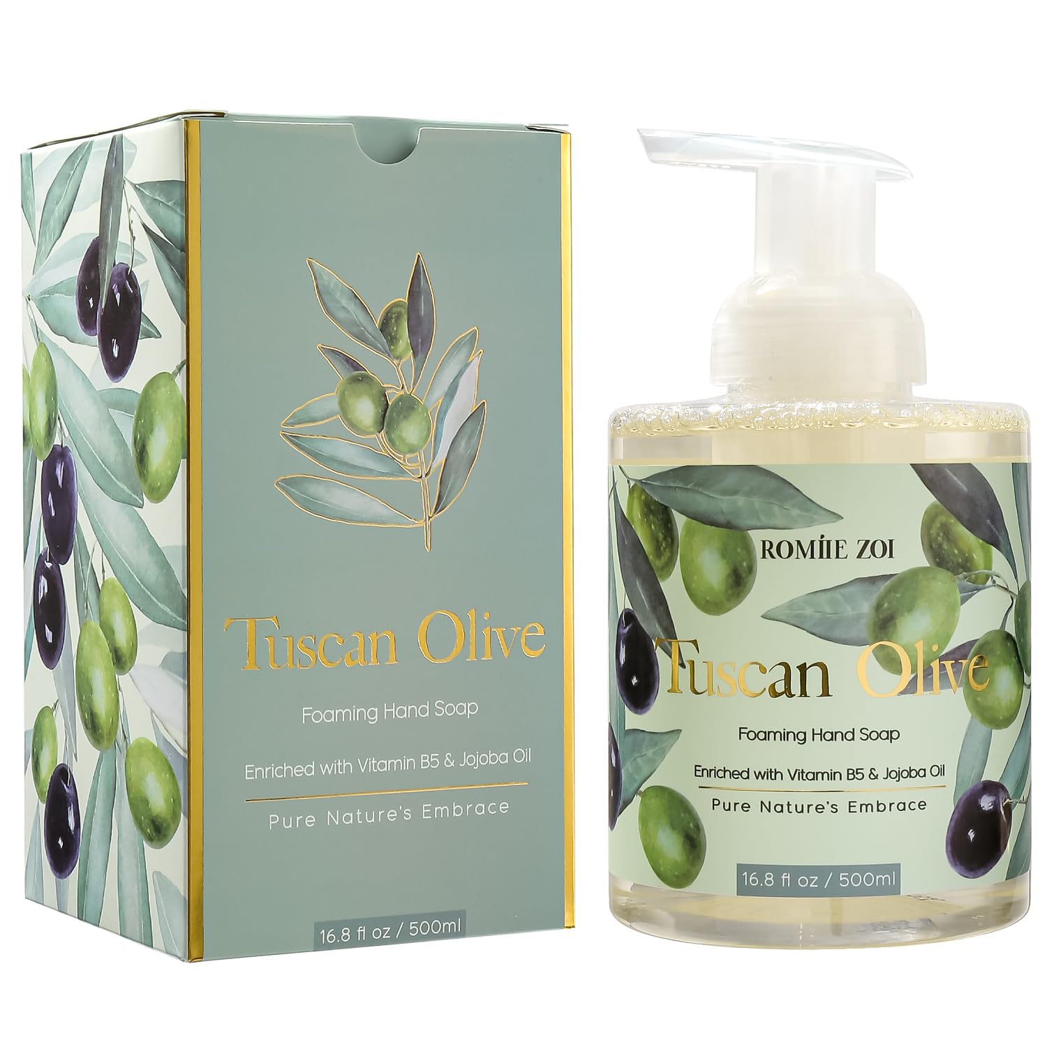 ROMIIE ZOI Foaming Hand Soap with Gift Box- Tuscan Olive - Biodegradable Formula Moisture & Revitalize - 500ml/ 16.8oz