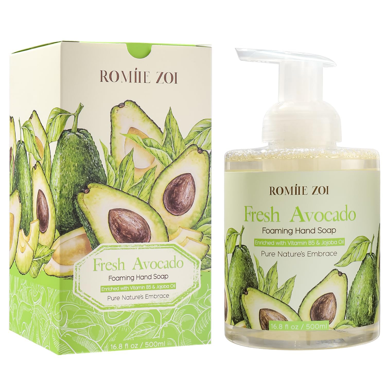 ROMIIE ZOI Foaming Hand Soap with Gift Box- Avocado- Biodegradable Formula Moisture & Revitalize - 500ml/ 16.8oz