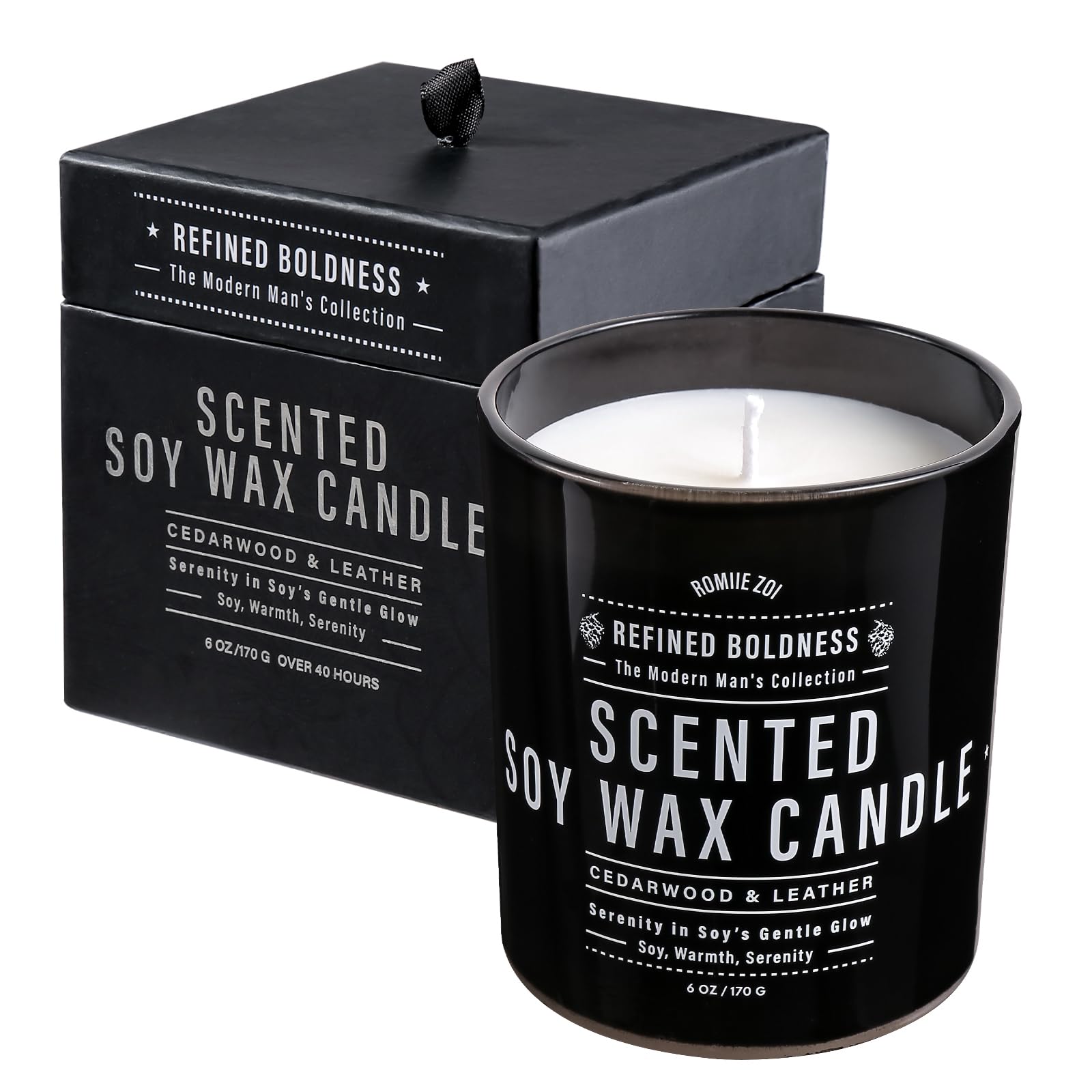ROMIIE ZOI Scented Candle - Cedarwood & Leather - Refined Boldness - 6oz Soy Wax Candle for Father's Day Gift, for Man