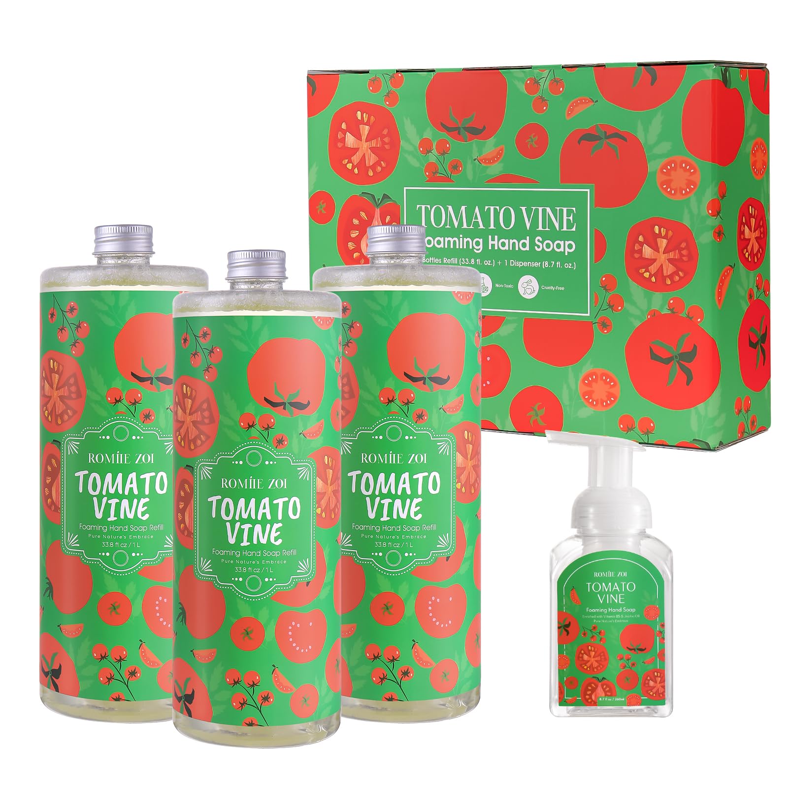 ROMIIE ZOI Foaming Hand Soap Refill Gift Set ?Tomato Vine Scent ?3 Pack (33.8 Fl Oz Each) with Refillable Dispenser, Chemical-Free & Moisturizing Formula ?Bulk Refills Setfor Bathroom & Kitchen