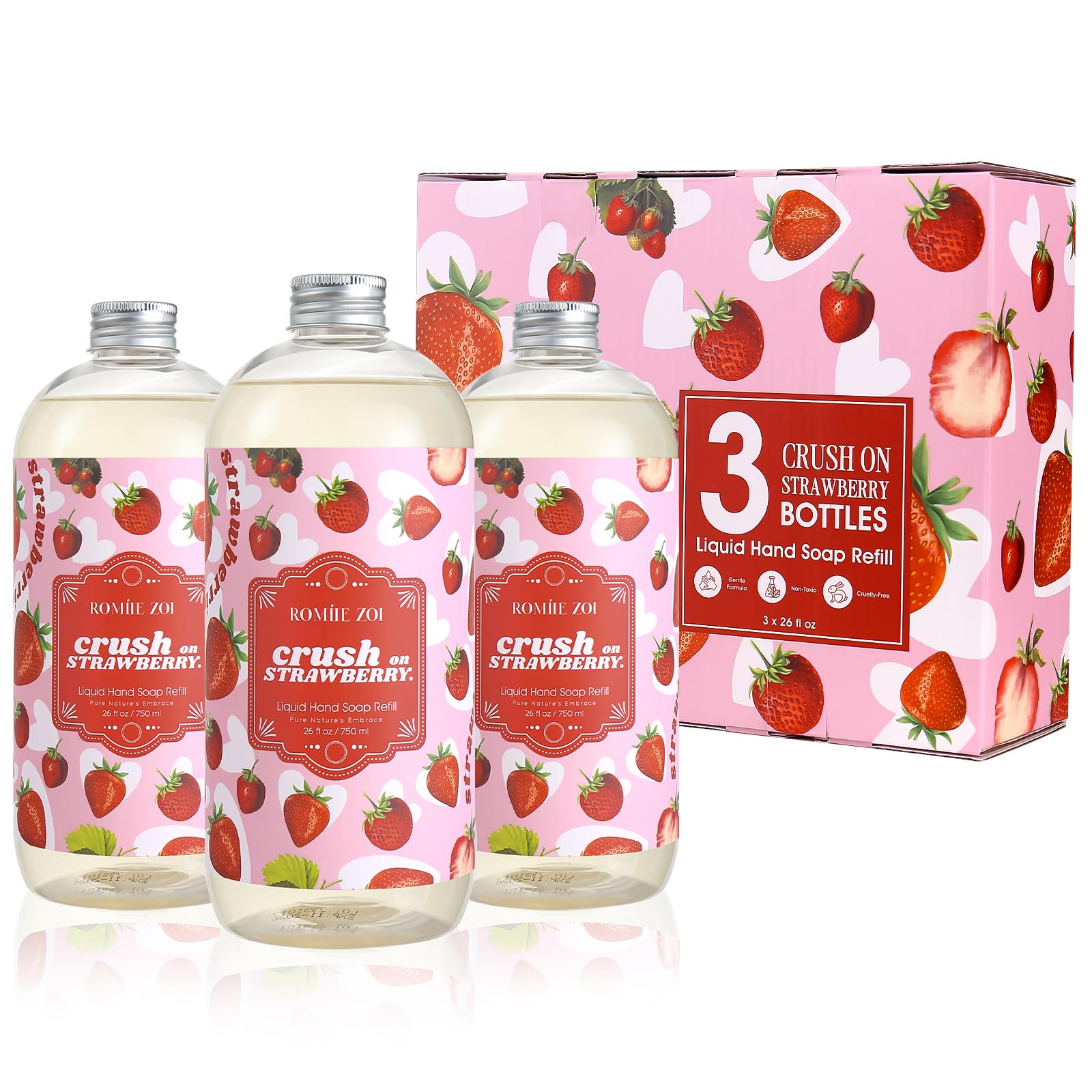 ROMIIE ZOI Hand Soap Refills Gift Set ?Strawberry Scent ?3 x 26 Fl Oz Bottles ?Plant-Based, Cruelty-Free, Gentle & Moisturizing Formula with Essential Oils ?for Bathroom & Kitchen Use