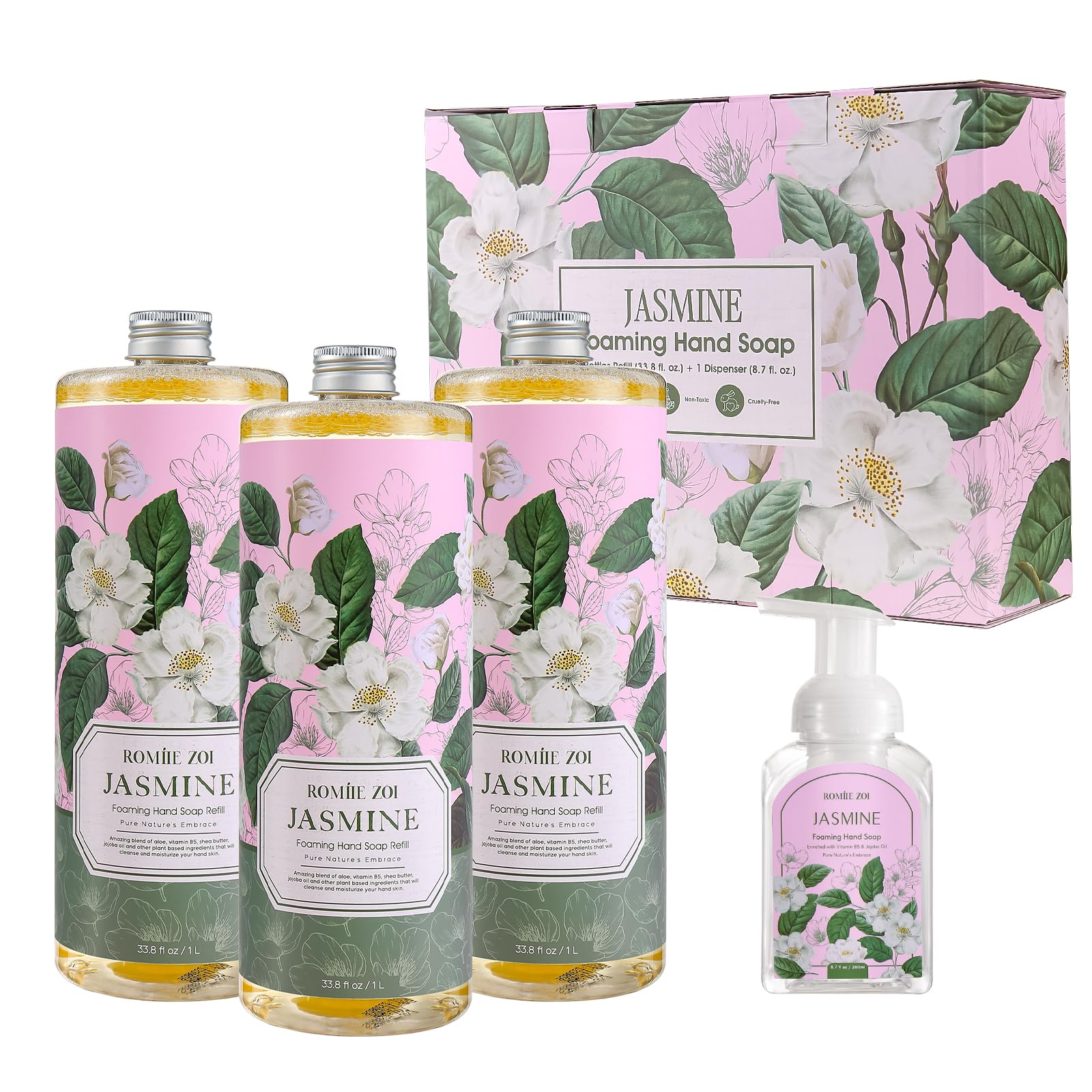 ROMIIE ZOI Natural Jasmine Foaming Hand Soap Refills 3-Pack (33.8 Fl Oz Each) with Dispenser - Plant-Based, Non-Toxic, Large Volume for Kitchen, Bathroom - Great Value Gift Set for Housewarming