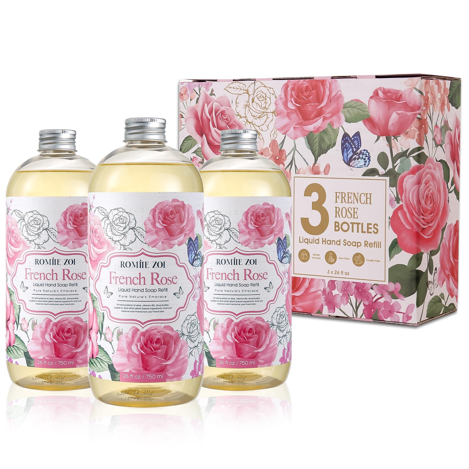 ROMIIE ZOI Rose Liquid Hand Soap Refill Gift Set ?3 Pack (26 Fl Oz Each), Romantic Floral Scent, Moisturizing & Gentle, Biodegradable Formula with Essential Oils for Bathroom, Kitchen