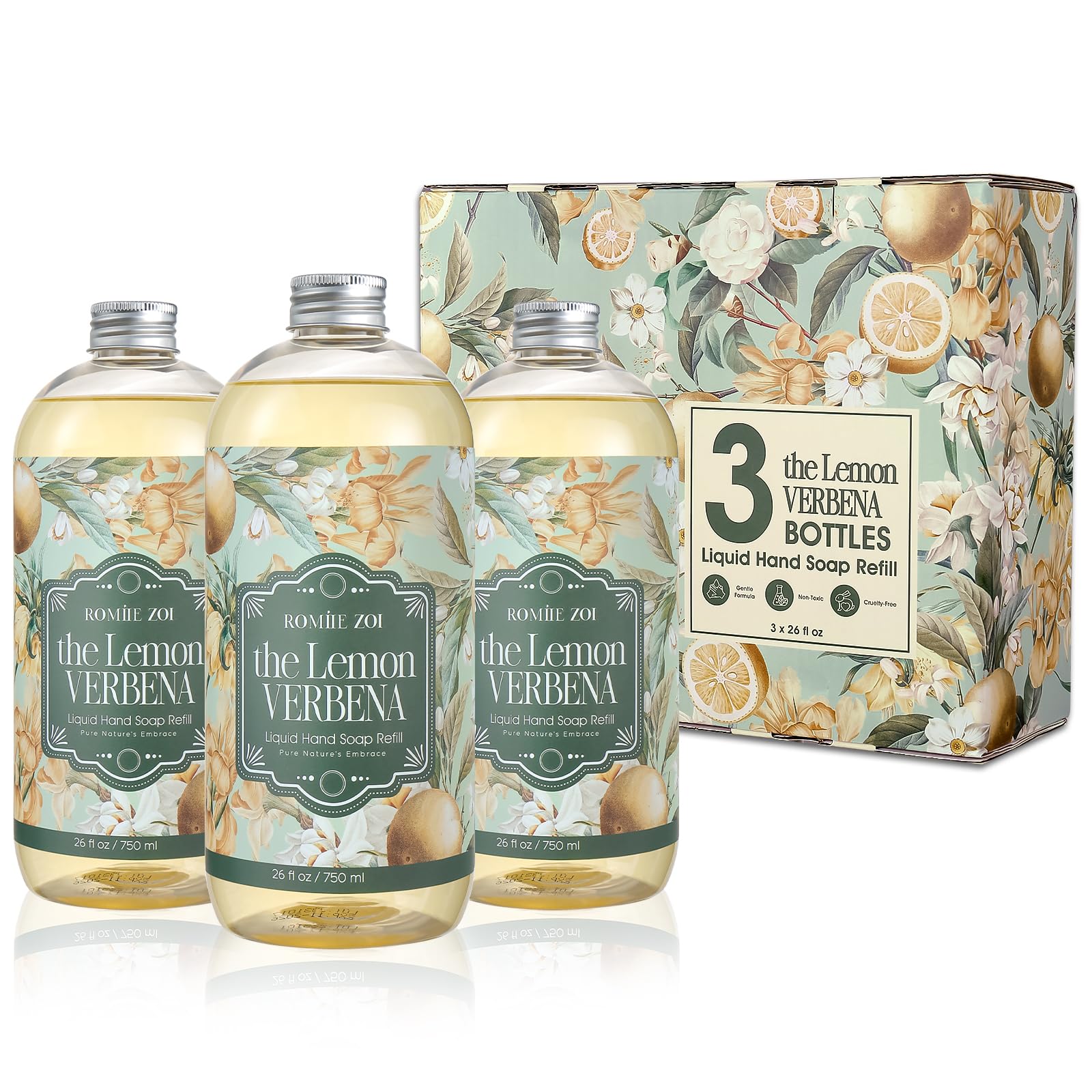 ROMIIE ZOI Liquid Hand Soap Refill Gift Set-3 Pack, Cruelty-Free and Biodegradable Formula, Moisturizing Hand Wash with Essential Oil for Sensitive Skin, Lemon Verbena Scent,(26Fl Oz x 3)