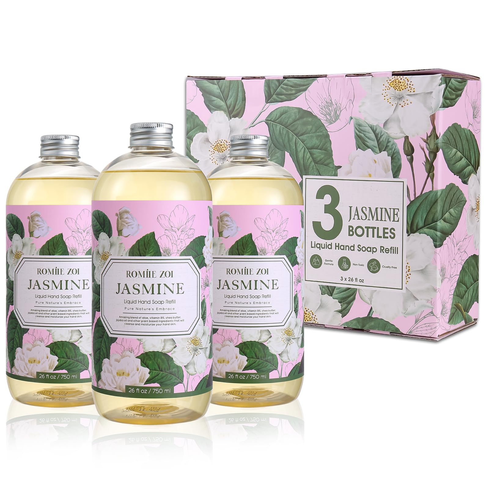 ROMIIE ZOI Liquid Hand Soap Refills Gift Set ?Jasmine Scent ?3 x 26Fl Oz Bottles ?Plant-Based, Non-Toxic, Gentle & Moisturizing Formula with Essential Oils ?for Bathroom, Kitchen & Home Gifting
