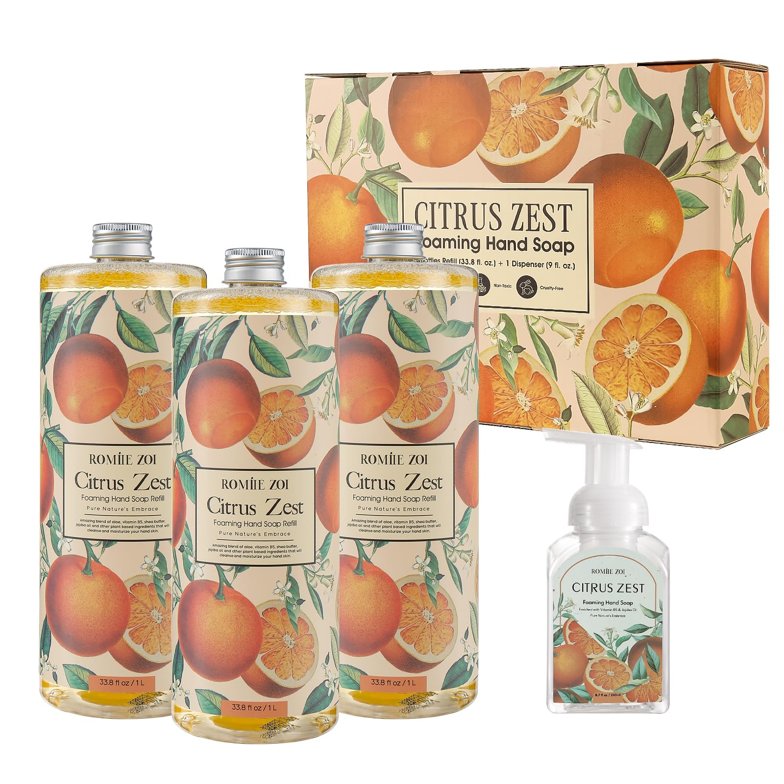ROMIIE ZOI Citrus Zest Foaming Hand Soap Refill Gift Set ?3 Pack (33.8 Fl Oz Each) with Refillable Dispenser, Moisturizing, Biodegradable & Chemical-Free Formula for Kitchen, Bathroom, Sensitive Skin