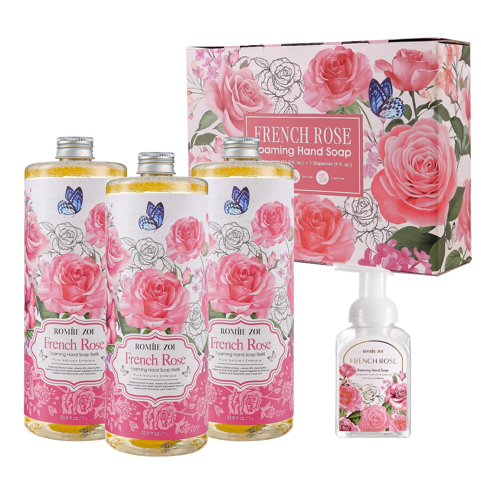 ROMIIE ZOI Rose Foaming Hand Soap Refill Gift Set ?3 Pack (33.8 Fl Oz Each) with Refillable Dispenser, Romantic Floral Scent, Moisturizing & Biodegradable for Bathroom, Kitchen, Sensitive Skin