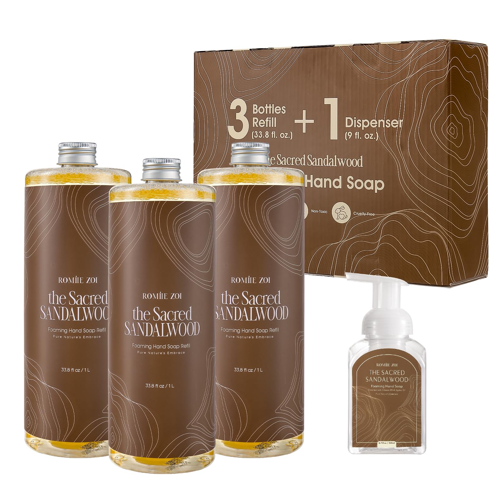 ROMIIE ZOI Foaming Hand Soap Refill Gift Set-3 Pack with Dispenser, Cruelty-Free and Biodegradable Formula, Moisturizing with Essential Oil for Sensitive Skin,Sandalwood Scent,(33.8 Fl Oz x 3)
