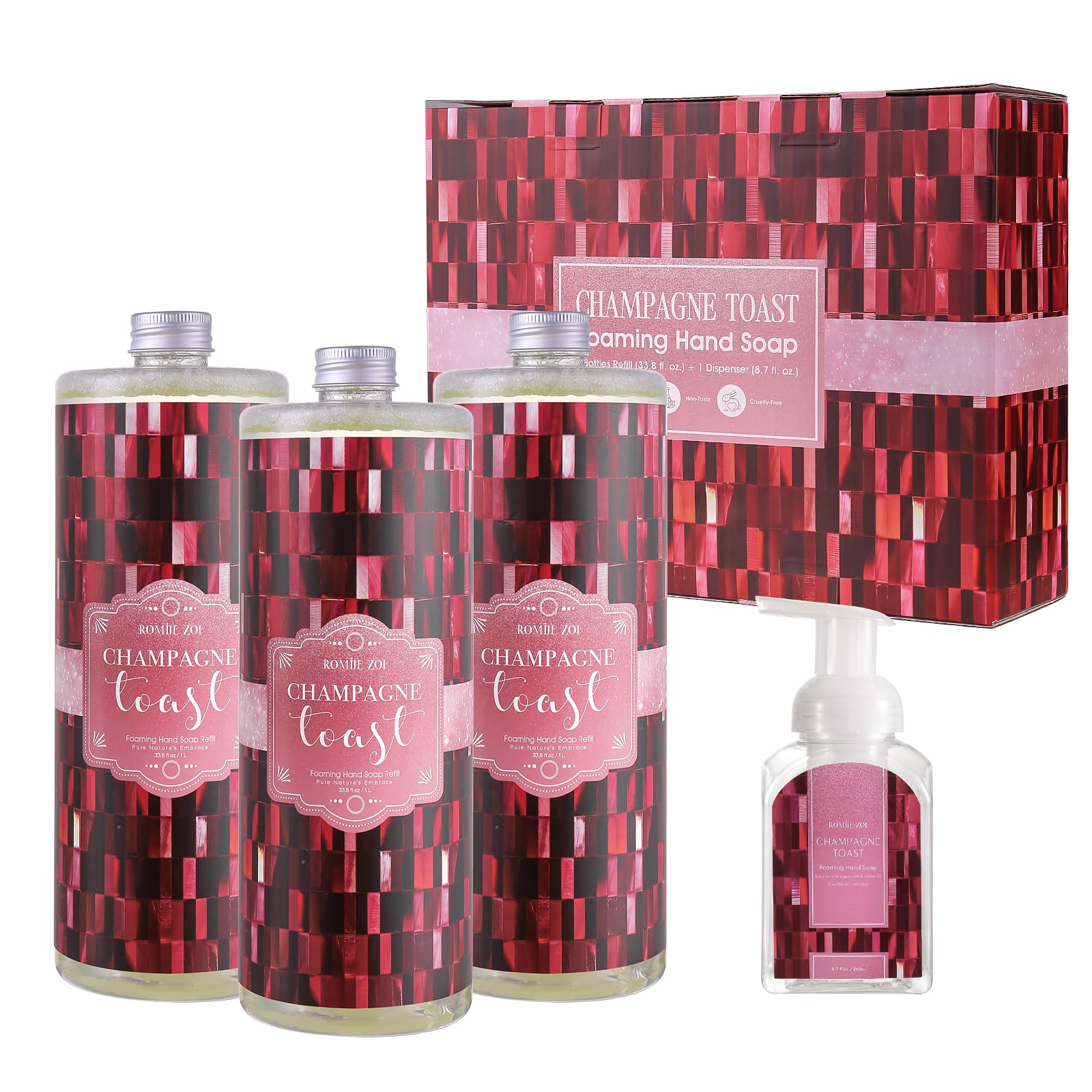 ROMIIE ZOI Foaming Hand Soap Refill Gift Set ?Champagne Scent ?3 Pack (1000ML Each) with Dispenser ?Gentle & Moisturizing Cruetly Free Formula ?Bulk Refill Bottles for Bathroom & Kitchen Use