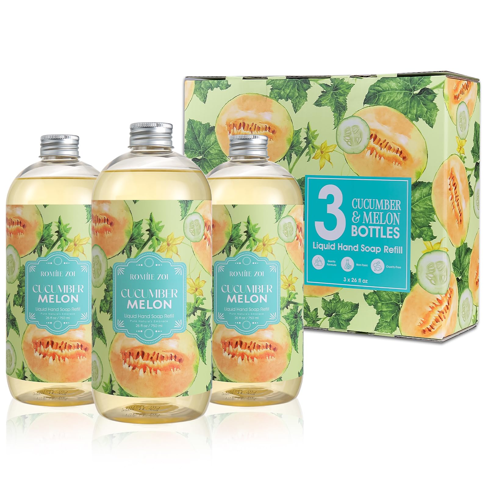 ROMIIE ZOI Liquid Hand Soap Refills Gift Set ?Cucumber & Melon Scent ?3 x 26 Fl Oz Bottles ?Plant-Based, Non-Toxic, Eco-Friendly & Moisturizing Formula ?for Bathroom, Kitchen & Home Gifting