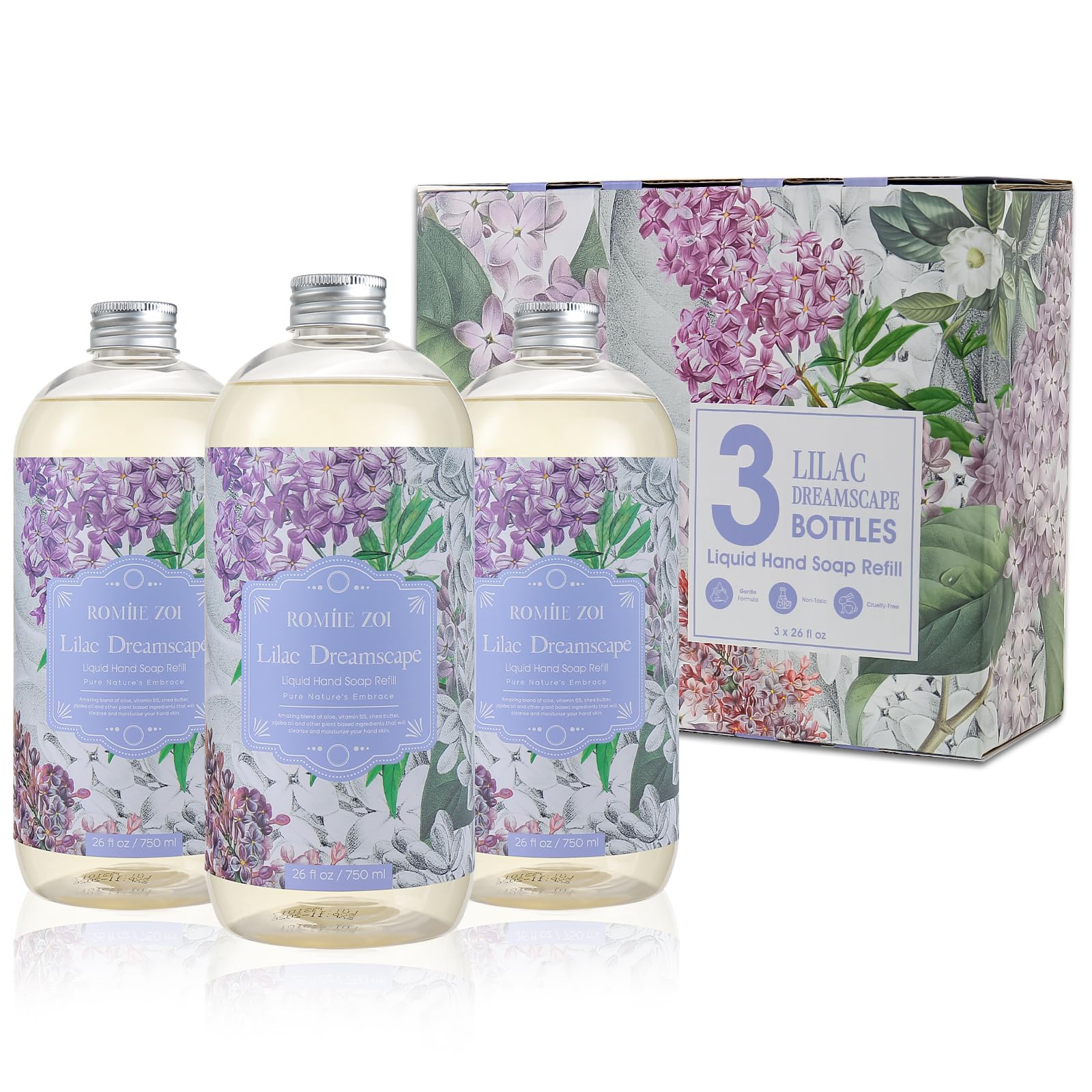 ROMIIE ZOI Liquid Hand Soap Refill Gift Set ?3 Pack (26 Fl Oz Each), Lilac Scent, Moisturizing & Biodegradable, Gentle Formula with Essential Oils for Kitchen, Bathroom