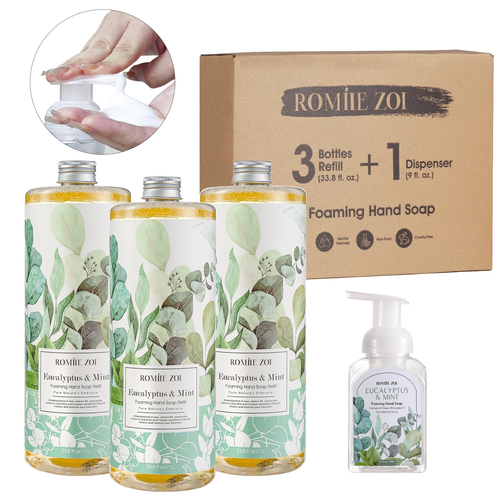 ROMIIE ZOI Eucalyptus & Mint Foaming Hand Soap Refills with Reusable Pump Dispenser - Natural & Cruelty-Free, Gentle & Moisturizing - Large Bottle Bulk for Home & Kitchen-1L/33.8oz (Pack of 3)