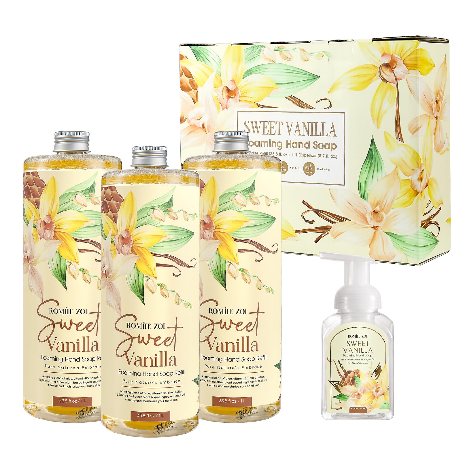 ROMIIE ZOI Foaming Hand Soap Refill Gift Set ?Sweet Vanille Scent ?3 Pack (1000ML Each) with Dispenser, Gentle & Moisturizing Plant-Based Formula ?Bulk Refill Bottles for Bathroom & Kitchen Use