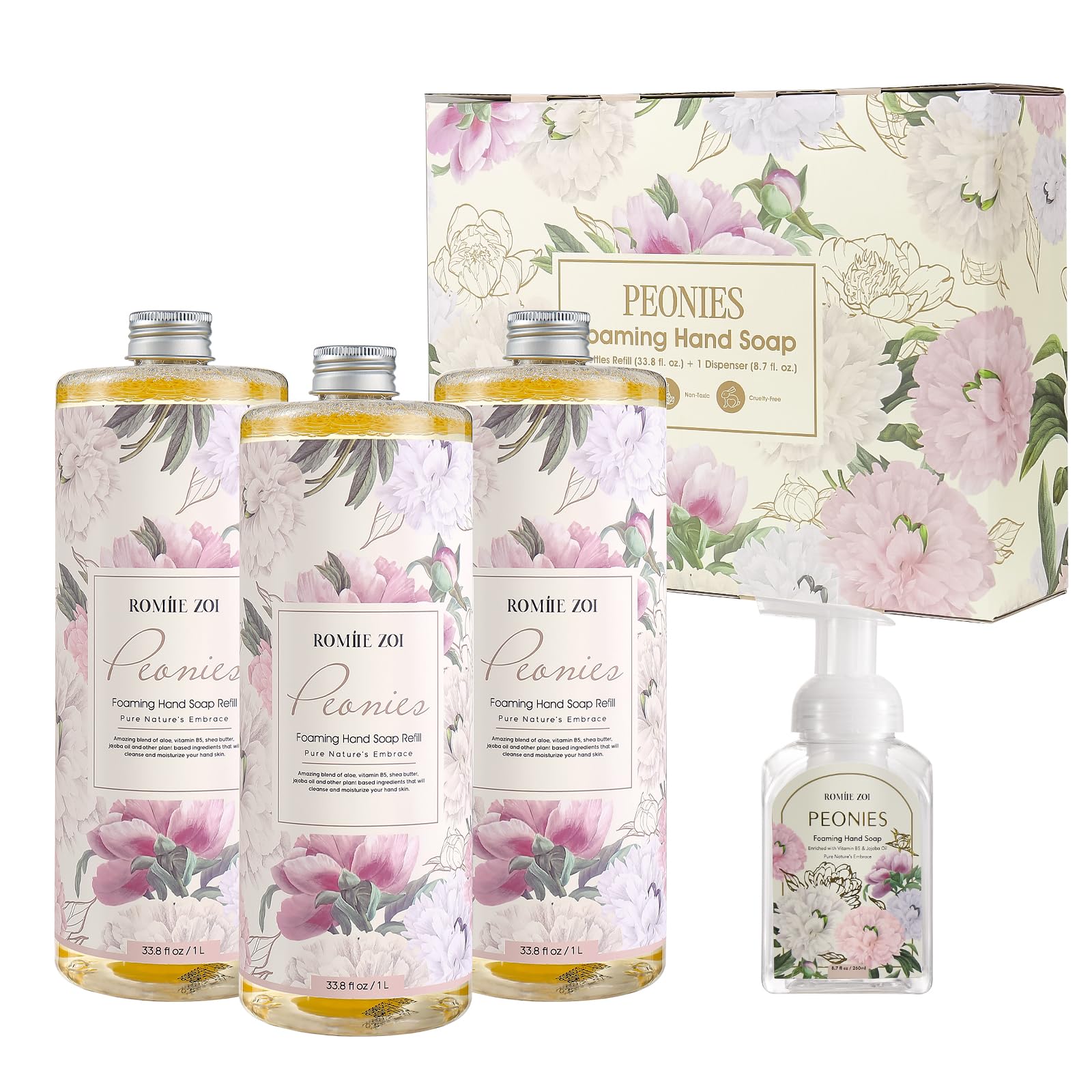 ROMIIE ZOI Foaming Hand Soap Refills 3-Pack (33.8 Fl Oz x 3) with Refilable Dispenser Peony Scented朇hemical-Free for Sensitive Skin, Bulk Refill Bottles for Bathroom & Kitchen Use