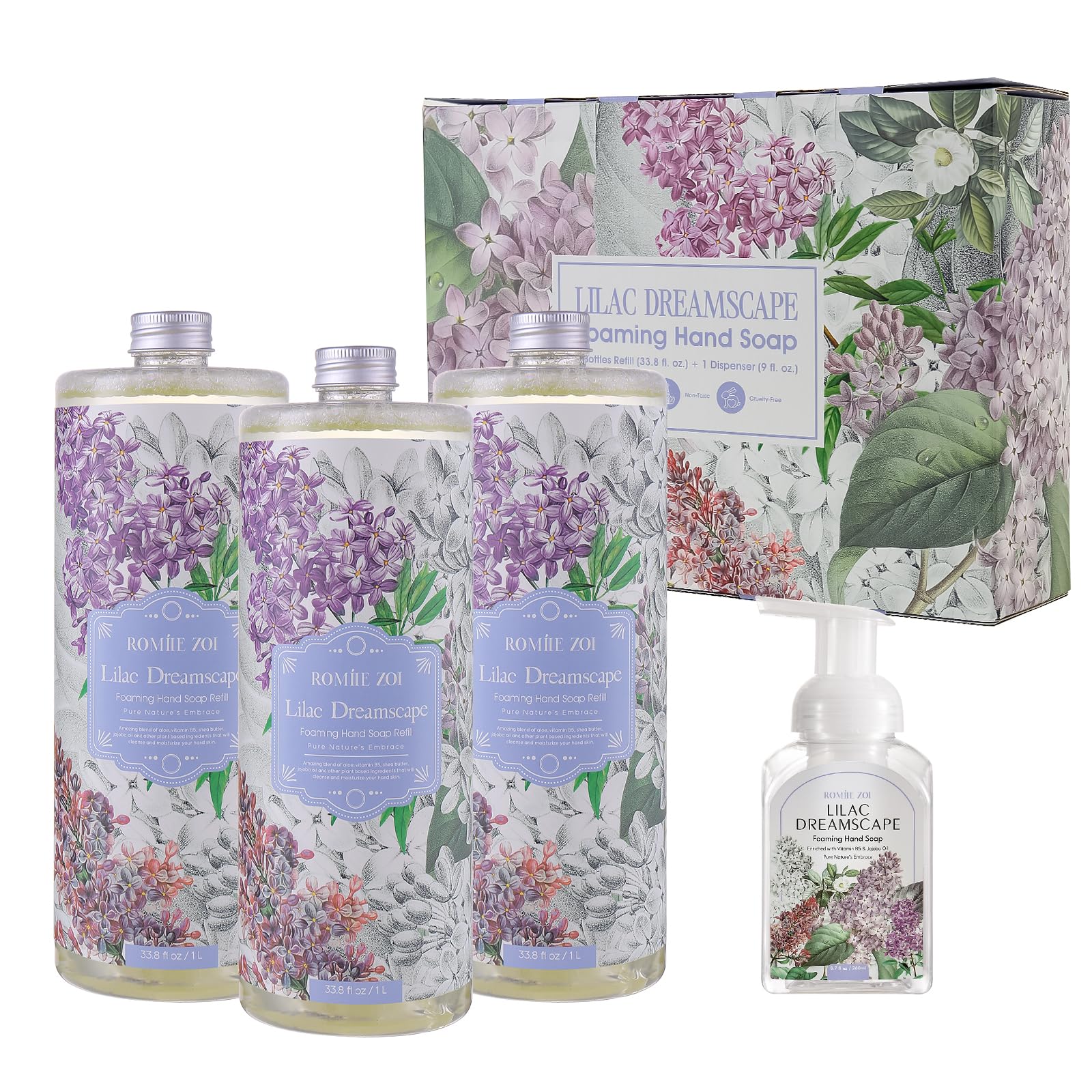 ROMIIE ZOI Lilac Foaming Hand Soap Refill Gift Set ?3 Pack (33.8 Fl Oz Each) with Refillable Dispenser, Soft Floral Scent, Moisturizing, Biodegradable & Chemical-Free Formula for Bathroom, Kitchen