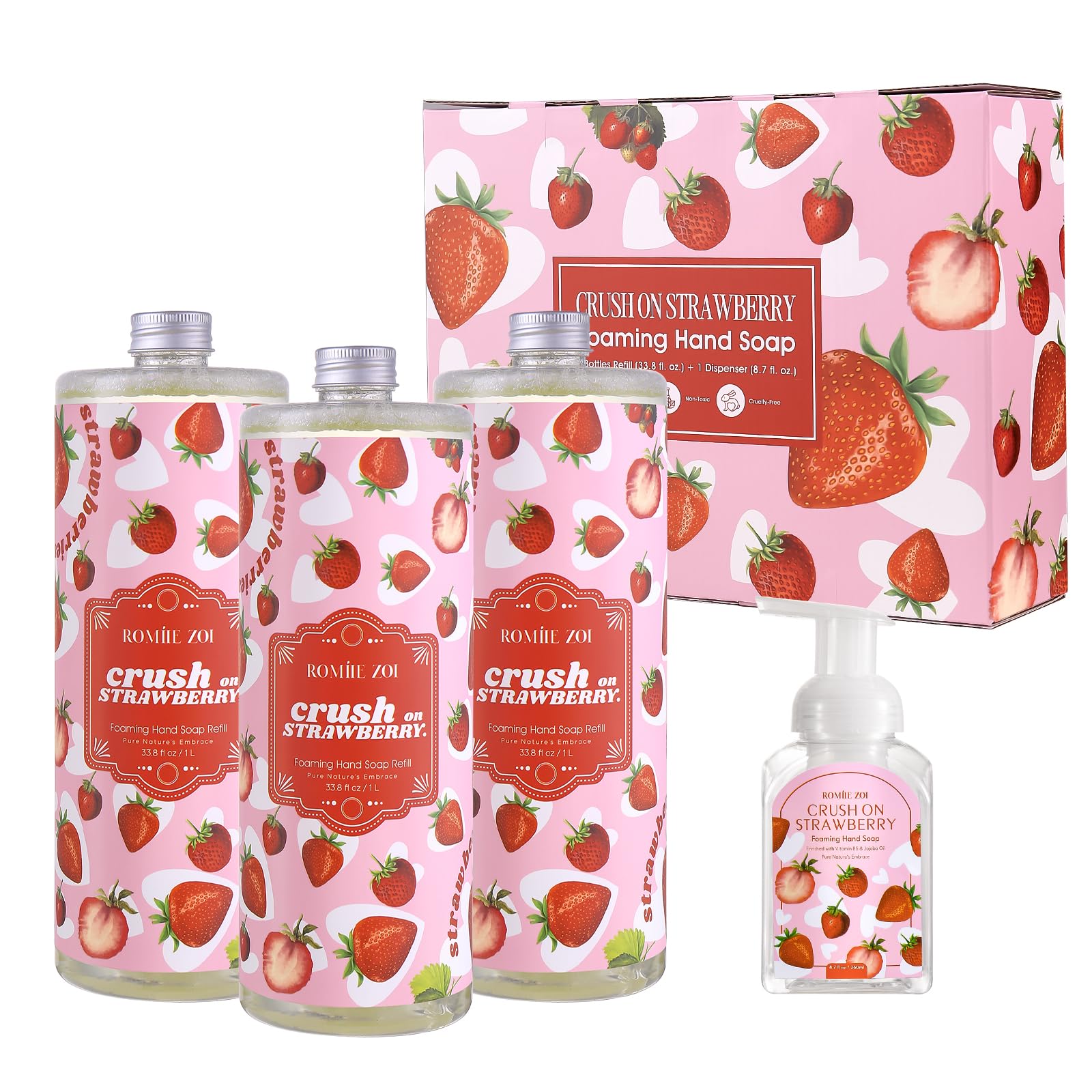 ROMIIE ZOI Strawberry Foaming Hand Soap Refill Set ?3 x 33.8 Fl Oz with Refillable Dispenser, Natural and Cruelty-Free Formula, Large Family Pack for Home, Bathroom, and Luxury Gifting