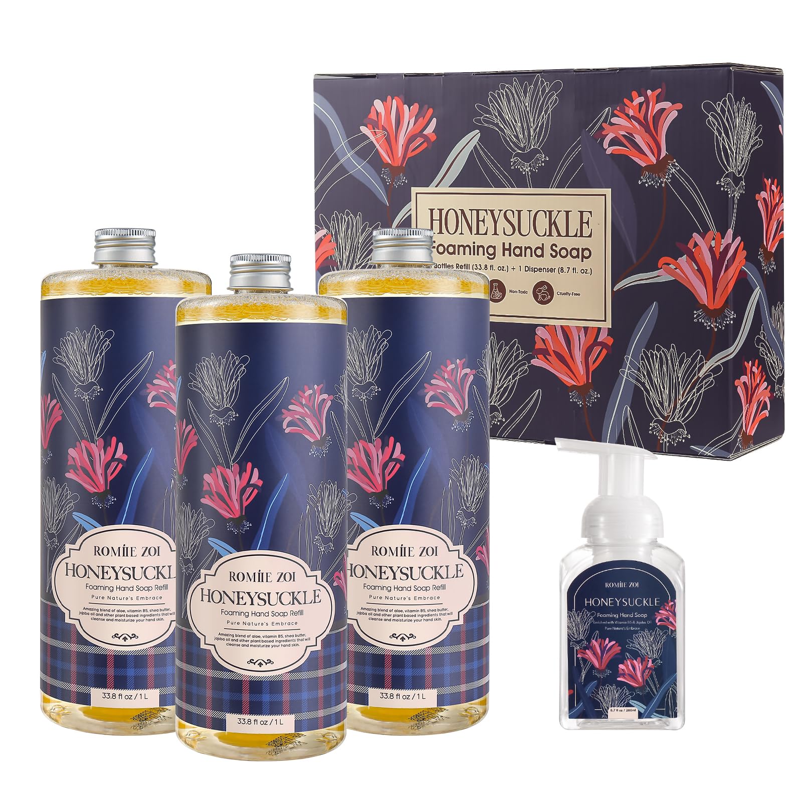 ROMIIE ZOI Foaming Hand Soap Refill Gift Set ?Honeysuckle Scent ?3 Pack (1000ML Each) with Dispenser, Gentle & Moisturizing Plant-Based Formula ?Bulk Refill Bottles for Bathroom & Kitchen Use