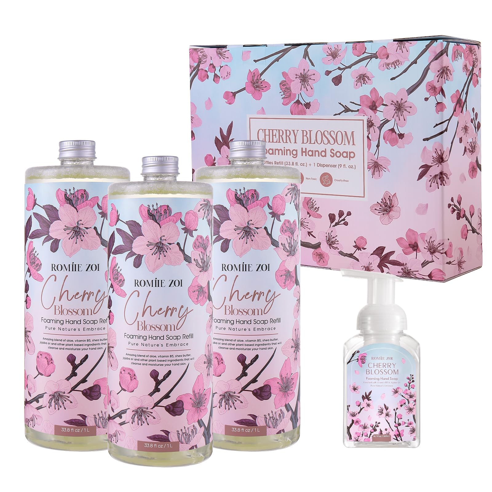 ROMIIE ZOI Cherry Blossom Foaming Hand Soap Refill Gift Set ?3 Pack*33.8 Fl Oz with Refillable Dispenser, Refreshing Floral Scent, Moisturizing & Chemical-Free for Bathroom, Kitchen, Sensitive Skin