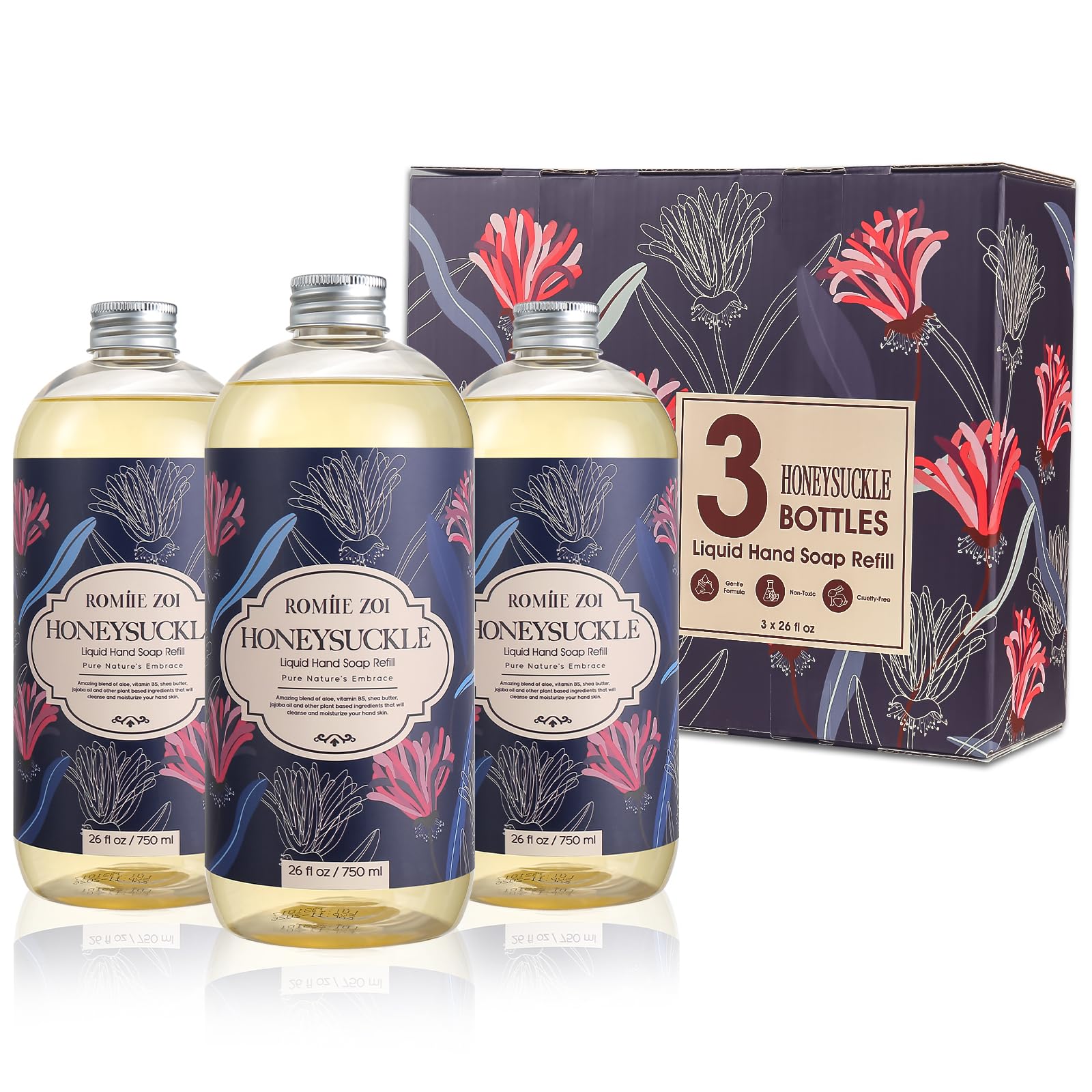 ROMIIE ZOI Liquid Hand Soap Refill Gift Set ?Honeysuckle Scent, 3 Pack (26 Fl Oz Each), Cruelty-Free, Biodegradable & Gentle Formula for Sensitive Skin, Kitchen, Bathroom & Dispenser