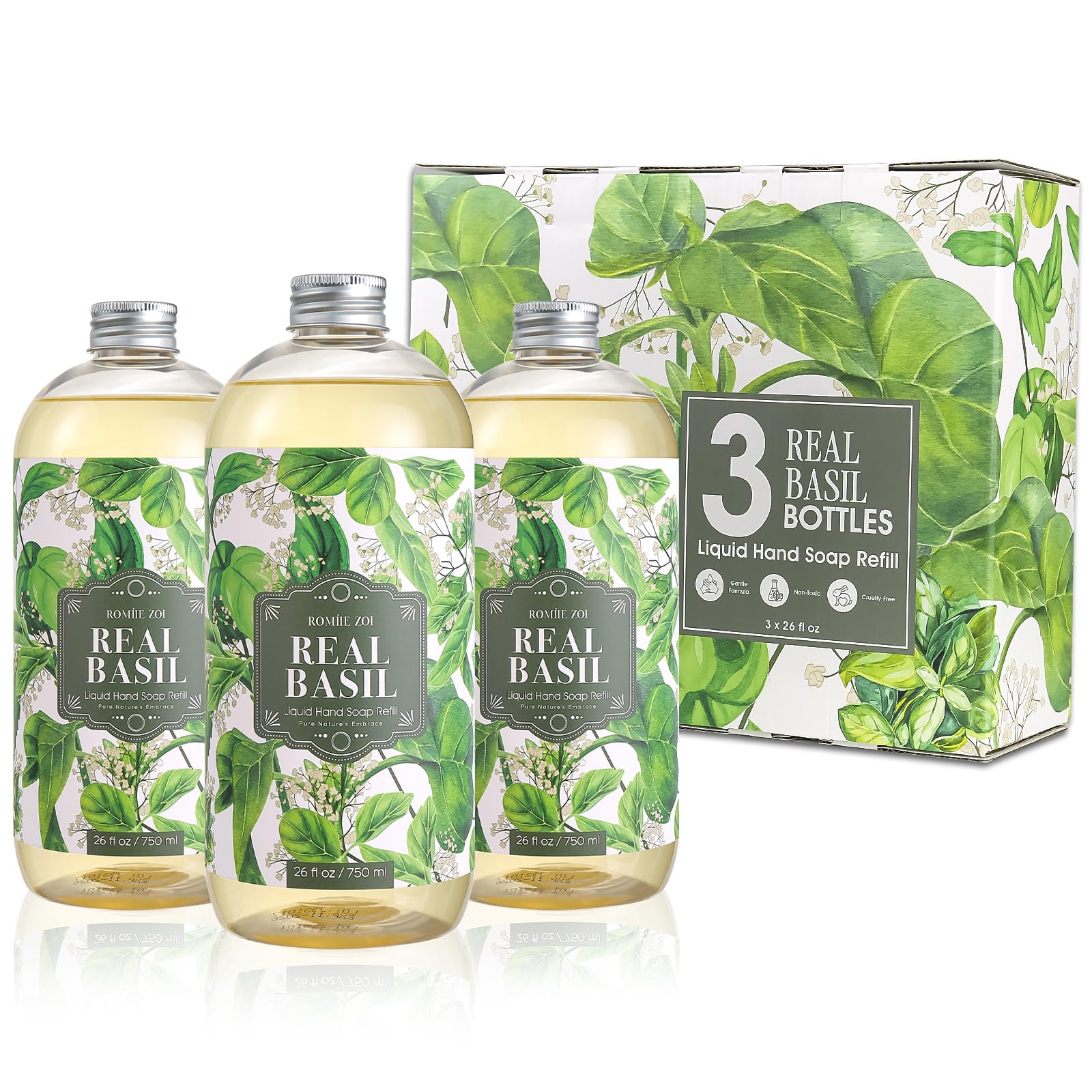 ROMIIE ZOI Liquid Hand Soap Refill Gift Set ?Basil Scent, 3 Pack (26 Fl Oz Each), Plant-Based, Biodegradable & Gentle Formula for Daily Use in Kitchen, Bathroom & for Sensitive Skin