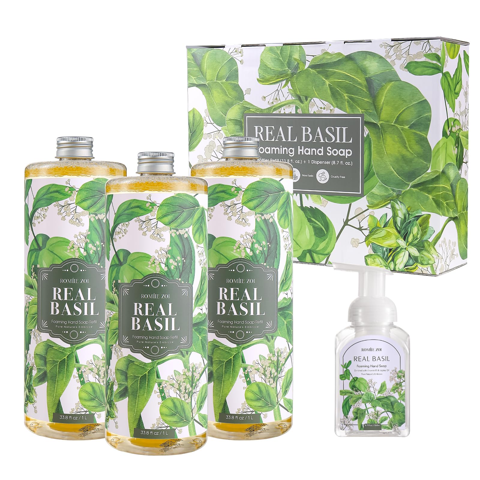 ROMIIE ZOI Basil Foaming Hand Soap Refill Gift Set ?3 Pack (33.8 Fl Oz Each) with Refillable Dispenser ?Gentle, Moisturizing, Plant-Based Formula ?Bulk Refill Bottles for Bathroom & Kitchen Use