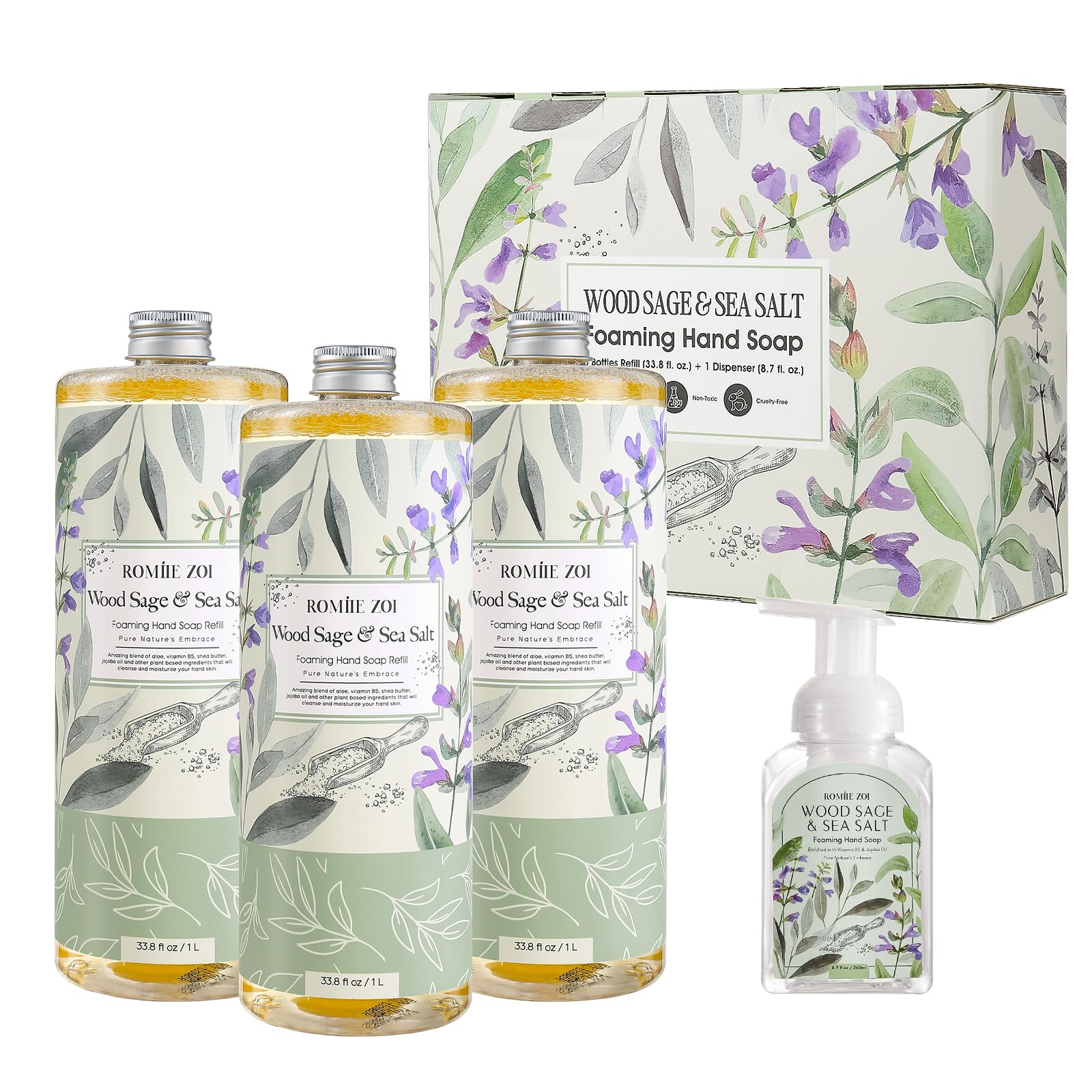 ROMIIE ZOI Foaming Hand Soap Refill Gift Set ?Wood Sage & Sea Salt Scent ?3 Pack (1000ML Each) with Dispenser, Gentle & Moisturizing Plant-Based Formula ?Bulk Refill Bottles for Bathroom & Kitchen