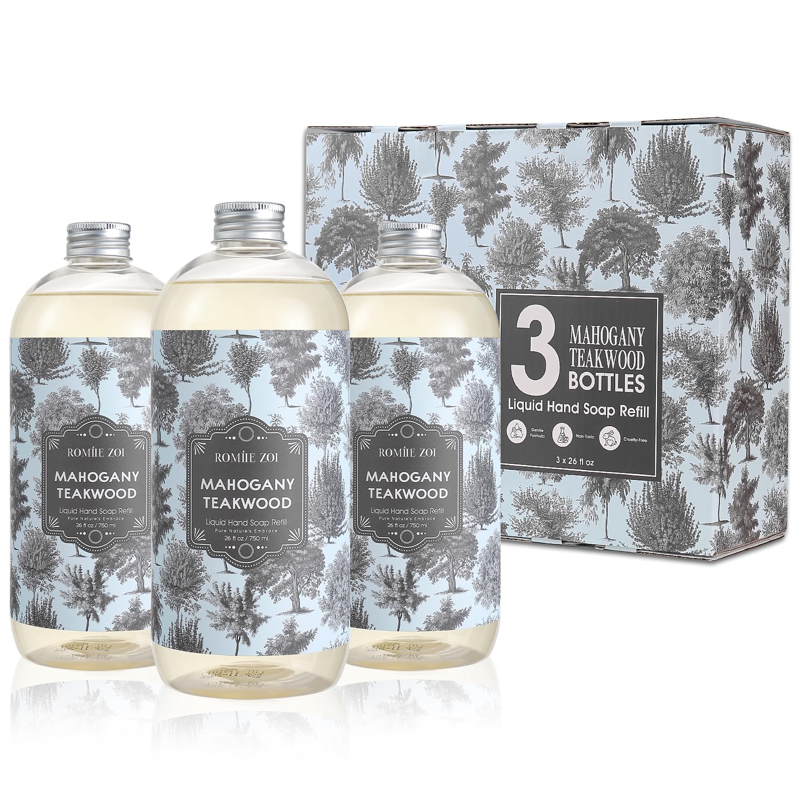 ROMIIE ZOI Liquid Hand Soap Refill Gift Set ?3 Pack (26 Fl Oz Each), Teakwood Scent, Natural Formula with Essential Oils ?Gentle, Biodegradable & Cruelty-Free for Sensitive Skin, Kitchen & Bathroom