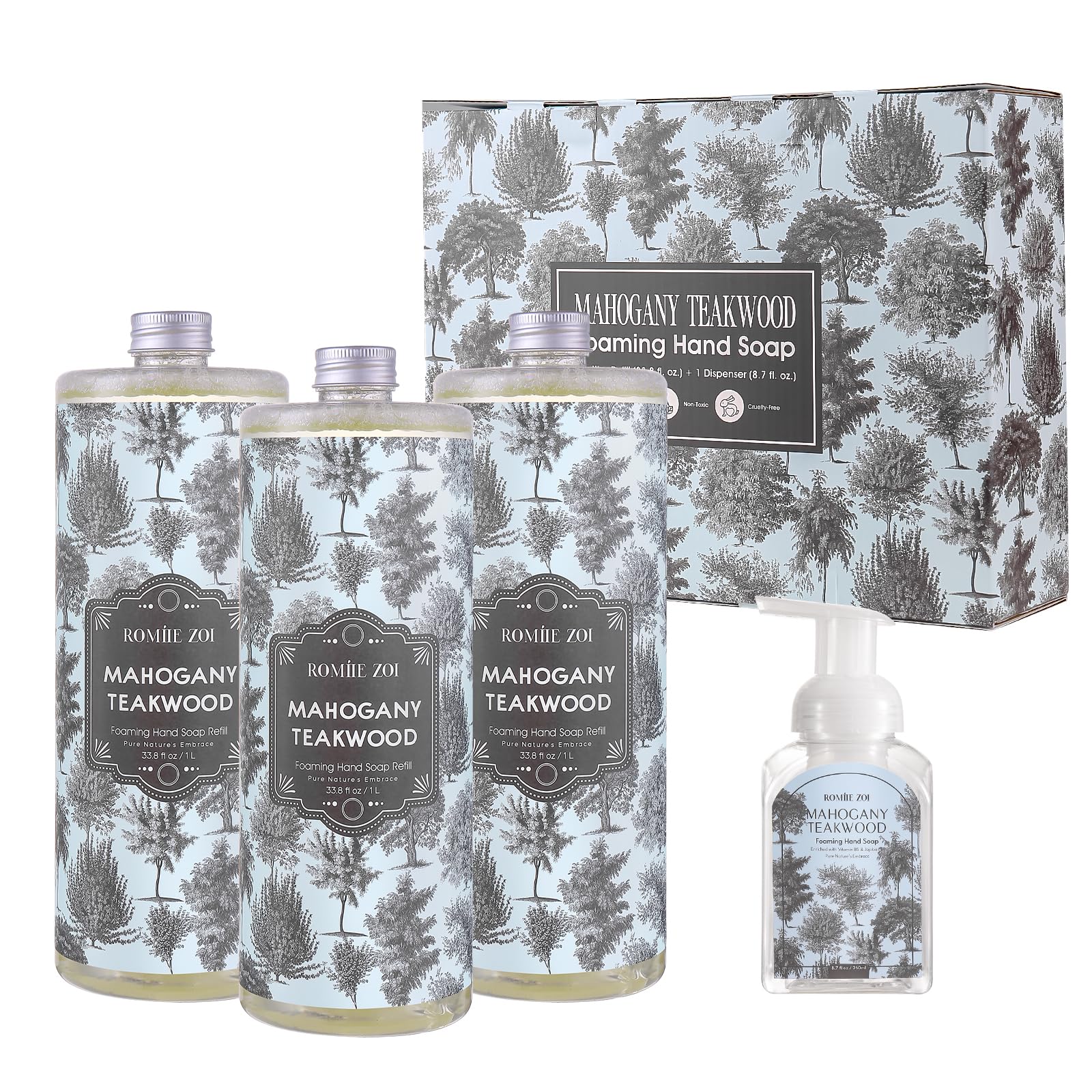 ROMIIE ZOI Foaming Hand Soap Refill Gift Set ?Teakwood Scent ?3 Pack (1000ML Each) with Dispenser ?Gentle & Moisturizing Plant-Based Formula ?Bulk Refill Bottles for Bathroom & Kitchen Use