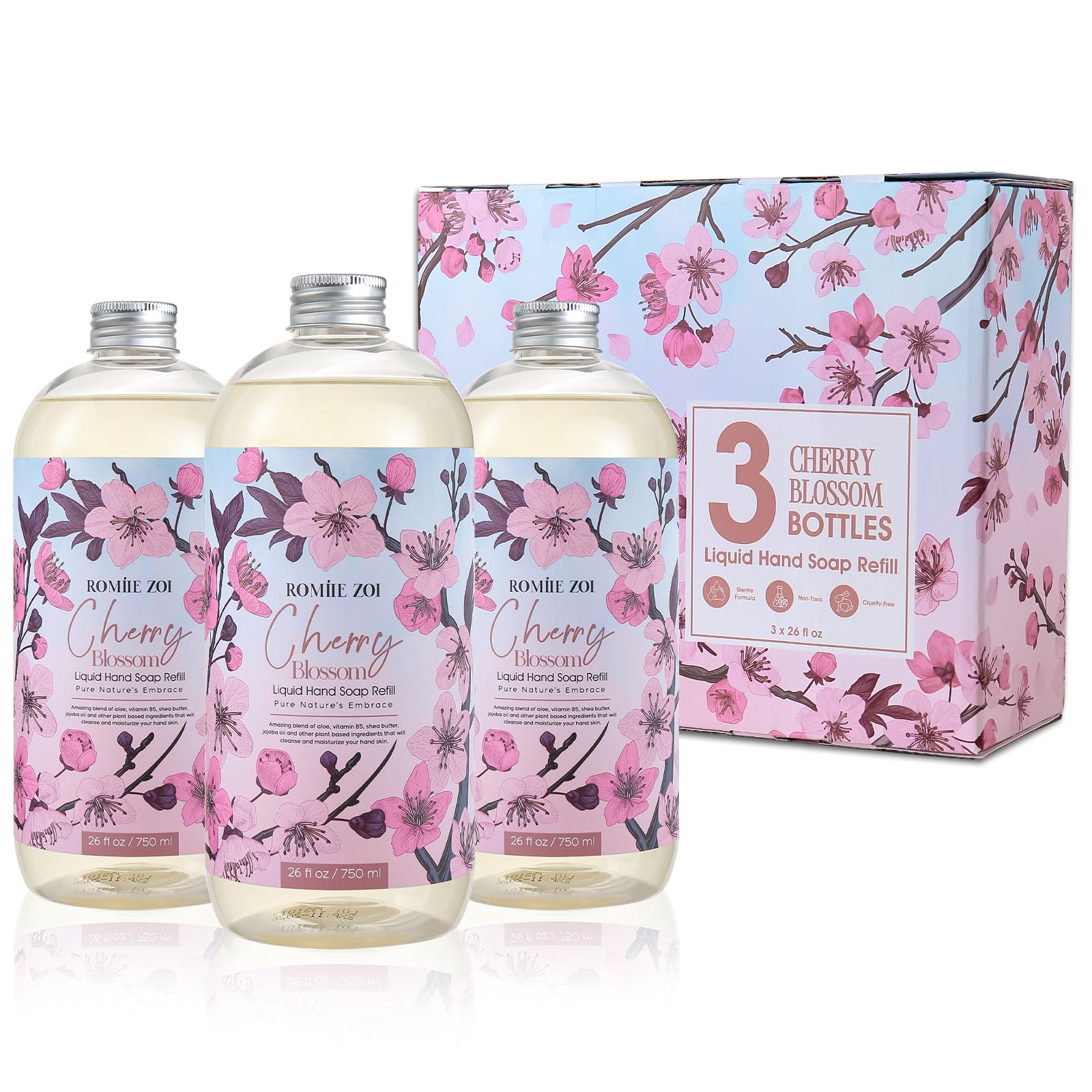 ROMIIE ZOI Cherry Blossom Liquid Hand Soap Refill Gift Set ?3 Pack (26 Fl Oz Each), Moisturizing & Gentle, Biodegradable Formula with Essential Oils for Spa, Kitchen, Bathroom