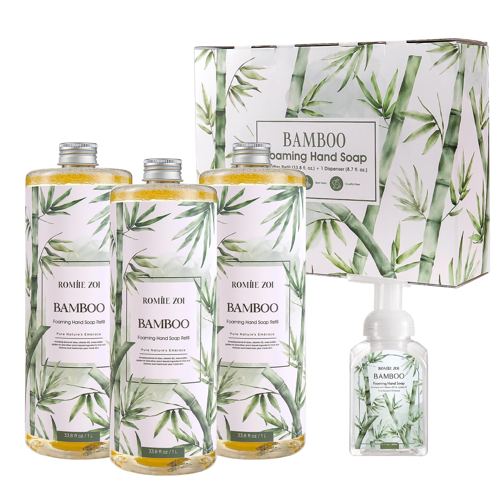 ROMIIE ZOI Foaming Hand Soap Refill Gift Set ?3 Pack (1000ML Each) with Dispenser ?Bamboo Scent ?Gentle & Moisturizing Plant-Based Formula ?Bulk Refill Bottles for Bathroom & Kitchen Use