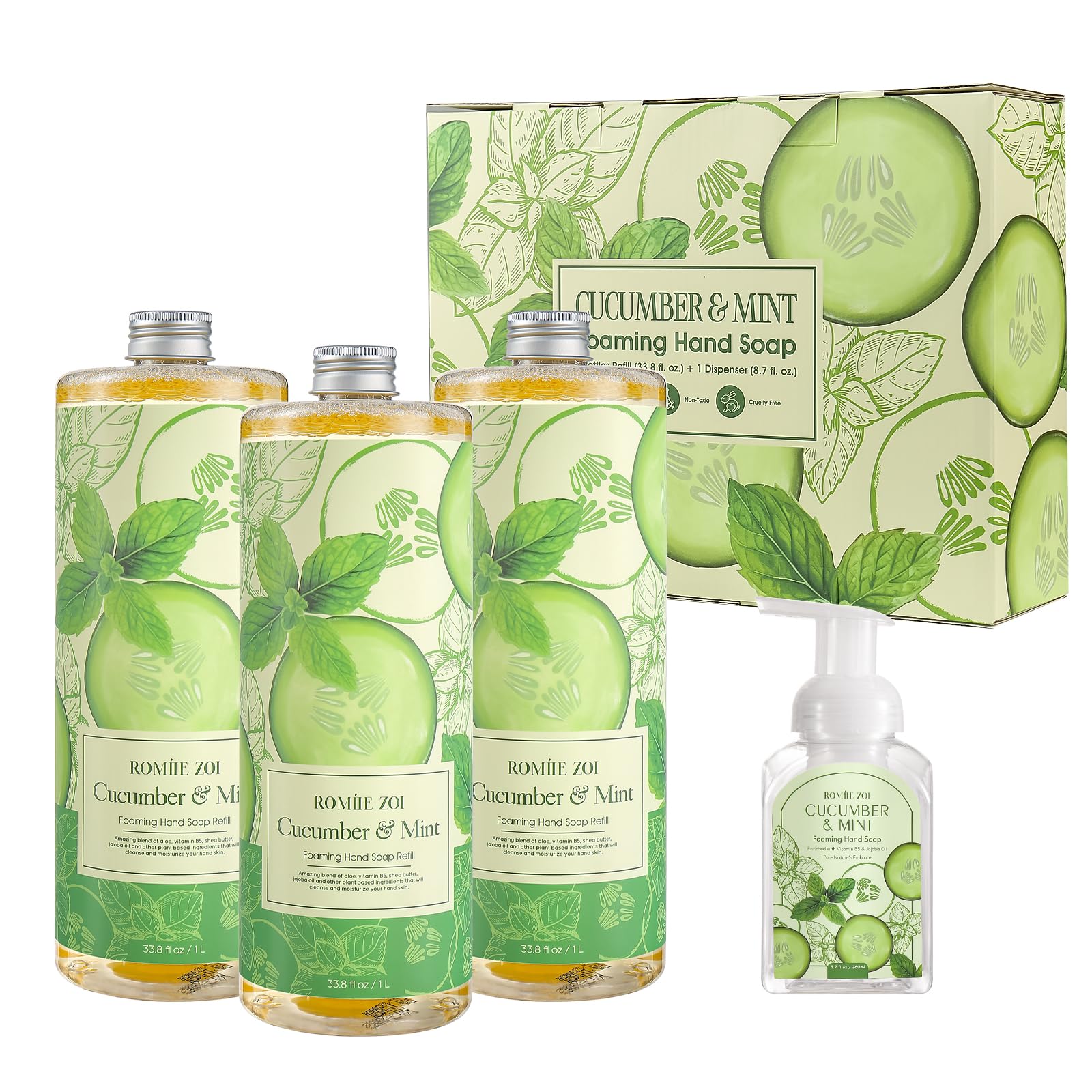 ROMIIE ZOI Foaming Hand Soap Refill Gift Set ?3 Pack (1000ML Each) with Dispenser ?Cucumber & Mint Scent ?Gentle & Moisturizing Plant-Based Formula ?Bulk Refill Bottles for Bathroom & Kitchen Use
